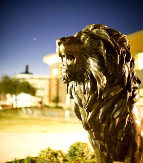 lion statue on campus.